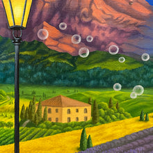 Load image into Gallery viewer,  Mercedes SL300 meets mountains at sunrise. Symbolic soap bubbles dance amid colourful fields, embodying luck and abundance. Realism and symbolism unite in this oil painting, a daily reminder of nature&#39;s harmony and the journey toward prosperity. 
