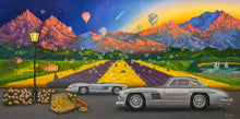 Load image into Gallery viewer,  Mercedes SL300 meets mountains at sunrise. Symbolic soap bubbles dance amid colourful fields, embodying luck and abundance. Realism and symbolism unite in this oil painting, a daily reminder of nature&#39;s harmony and the journey toward prosperity. 
