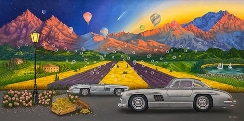  Mercedes SL300 meets mountains at sunrise. Symbolic soap bubbles dance amid colourful fields, embodying luck and abundance. Realism and symbolism unite in this oil painting, a daily reminder of nature's harmony and the journey toward prosperity. 