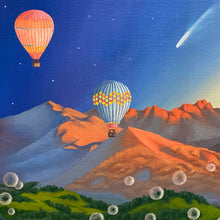 Load image into Gallery viewer,  Mercedes SL300 meets mountains at sunrise. Symbolic soap bubbles dance amid colourful fields, embodying luck and abundance. Realism and symbolism unite in this oil painting, a daily reminder of nature&#39;s harmony and the journey toward prosperity. 
