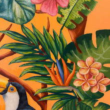 Load image into Gallery viewer, A vivid oil painting capturing toucan birds in a colourful embrace amidst lush tropical foliage. Realism meets contemporary flair against a vibrant orange backdrop. Embrace the exuberant beauty of nature in this captivating artwork.
