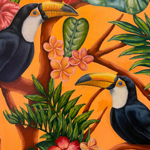 Load image into Gallery viewer, A vivid oil painting capturing toucan birds in a colourful embrace amidst lush tropical foliage. Realism meets contemporary flair against a vibrant orange backdrop. Embrace the exuberant beauty of nature in this captivating artwork.
