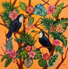 Load image into Gallery viewer, A vivid oil painting capturing toucan birds in a colourful embrace amidst lush tropical foliage. Realism meets contemporary flair against a vibrant orange backdrop. Embrace the exuberant beauty of nature in this captivating artwork.
