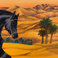 Load image into Gallery viewer, A transformative oil painting merging desert&#39;s beauty with symbolism. Blooming flowers in arid sands, a figure on a black horse, a soaring white dove towards Sirius star. A visual journey of knowledge, power, and embracing the unknown. 
