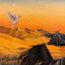 Load image into Gallery viewer, A transformative oil painting merging desert&#39;s beauty with symbolism. Blooming flowers in arid sands, a figure on a black horse, a soaring white dove towards Sirius star. A visual journey of knowledge, power, and embracing the unknown. 
