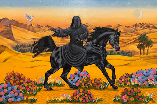A transformative oil painting merging desert's beauty with symbolism. Blooming flowers in arid sands, a figure on a black horse, a soaring white dove towards Sirius star. A visual journey of knowledge, power, and embracing the unknown. 
