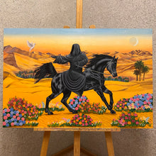 Load image into Gallery viewer, A transformative oil painting merging desert&#39;s beauty with symbolism. Blooming flowers in arid sands, a figure on a black horse, a soaring white dove towards Sirius star. A visual journey of knowledge, power, and embracing the unknown. 
