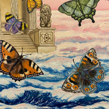 Load image into Gallery viewer, Painting portrays a sea landscape alive with flying butterflies drawn to a knowledge-filled building&#39;s light. Solar system and atom motifs symbolise discovery, while lion statues evoke courage. A profound ode to pursuing knowledge and reaching new heights.
