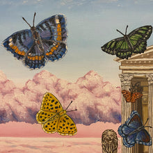 Load image into Gallery viewer, Painting portrays a sea landscape alive with flying butterflies drawn to a knowledge-filled building&#39;s light. Solar system and atom motifs symbolise discovery, while lion statues evoke courage. A profound ode to pursuing knowledge and reaching new heights.
