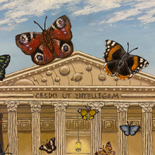 Load image into Gallery viewer, Painting portrays a sea landscape alive with flying butterflies drawn to a knowledge-filled building&#39;s light. Solar system and atom motifs symbolise discovery, while lion statues evoke courage. A profound ode to pursuing knowledge and reaching new heights.
