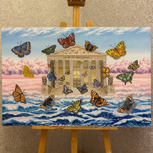 Load image into Gallery viewer, Painting portrays a sea landscape alive with flying butterflies drawn to a knowledge-filled building&#39;s light. Solar system and atom motifs symbolise discovery, while lion statues evoke courage. A profound ode to pursuing knowledge and reaching new heights.
