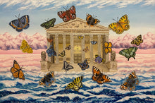 Load image into Gallery viewer, Painting portrays a sea landscape alive with flying butterflies drawn to a knowledge-filled building&#39;s light. Solar system and atom motifs symbolise discovery, while lion statues evoke courage. A profound ode to pursuing knowledge and reaching new heights.
