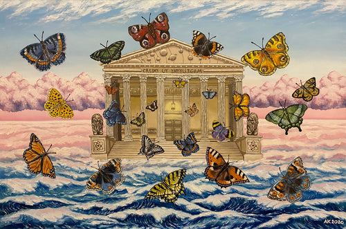 Painting portrays a sea landscape alive with flying butterflies drawn to a knowledge-filled building's light. Solar system and atom motifs symbolise discovery, while lion statues evoke courage. A profound ode to pursuing knowledge and reaching new heights.