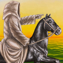 Load image into Gallery viewer, Painting captures knights on contrasting horses, accusing fingers point, symbolising moral greyness. Sun&#39;s glow alludes to both light and eschatology. An oil masterpiece delving into eternal equilibrium amidst boundless green expanse, prompting contemplation of dualities.
