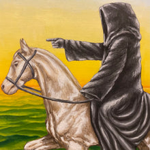 Load image into Gallery viewer, Painting captures knights on contrasting horses, accusing fingers point, symbolising moral greyness. Sun&#39;s glow alludes to both light and eschatology. An oil masterpiece delving into eternal equilibrium amidst boundless green expanse, prompting contemplation of dualities.
