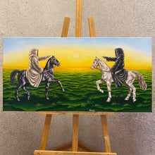 Load image into Gallery viewer, Painting captures knights on contrasting horses, accusing fingers point, symbolising moral greyness. Sun&#39;s glow alludes to both light and eschatology. An oil masterpiece delving into eternal equilibrium amidst boundless green expanse, prompting contemplation of dualities.
