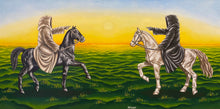 Load image into Gallery viewer, Painting captures knights on contrasting horses, accusing fingers point, symbolising moral greyness. Sun&#39;s glow alludes to both light and eschatology. An oil masterpiece delving into eternal equilibrium amidst boundless green expanse, prompting contemplation of dualities.
