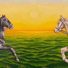 Load image into Gallery viewer, Painting captures knights on contrasting horses, accusing fingers point, symbolising moral greyness. Sun&#39;s glow alludes to both light and eschatology. An oil masterpiece delving into eternal equilibrium amidst boundless green expanse, prompting contemplation of dualities.
