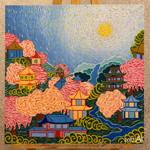 Load image into Gallery viewer, Japanese hillside village in vibrant impressionist style. Blooming trees, traditional architecture, and radiant sun  come together a celebration of nature&#39;s beauty and human creativity. 
