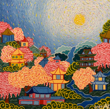 Load image into Gallery viewer, Japanese hillside village in vibrant impressionist style. Blooming trees, traditional architecture, and radiant sun  come together a celebration of nature&#39;s beauty and human creativity. 
