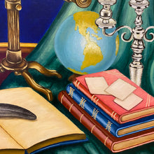 Load image into Gallery viewer, An oil painting brimming with symbolism. A telescope to the moon, books, pomegranates, candles, and more. A journey of knowledge, luck, and discovery. Delve into the profound in this masterpiece. 
