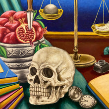 Load image into Gallery viewer, An oil painting brimming with symbolism. A telescope to the moon, books, pomegranates, candles, and more. A journey of knowledge, luck, and discovery. Delve into the profound in this masterpiece. 
