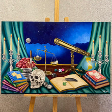 Load image into Gallery viewer, An oil painting brimming with symbolism. A telescope to the moon, books, pomegranates, candles, and more. A journey of knowledge, luck, and discovery. Delve into the profound in this masterpiece. 
