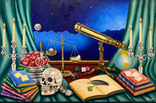 Load image into Gallery viewer, An oil painting brimming with symbolism. A telescope to the moon, books, pomegranates, candles, and more. A journey of knowledge, luck, and discovery. Delve into the profound in this masterpiece. 
