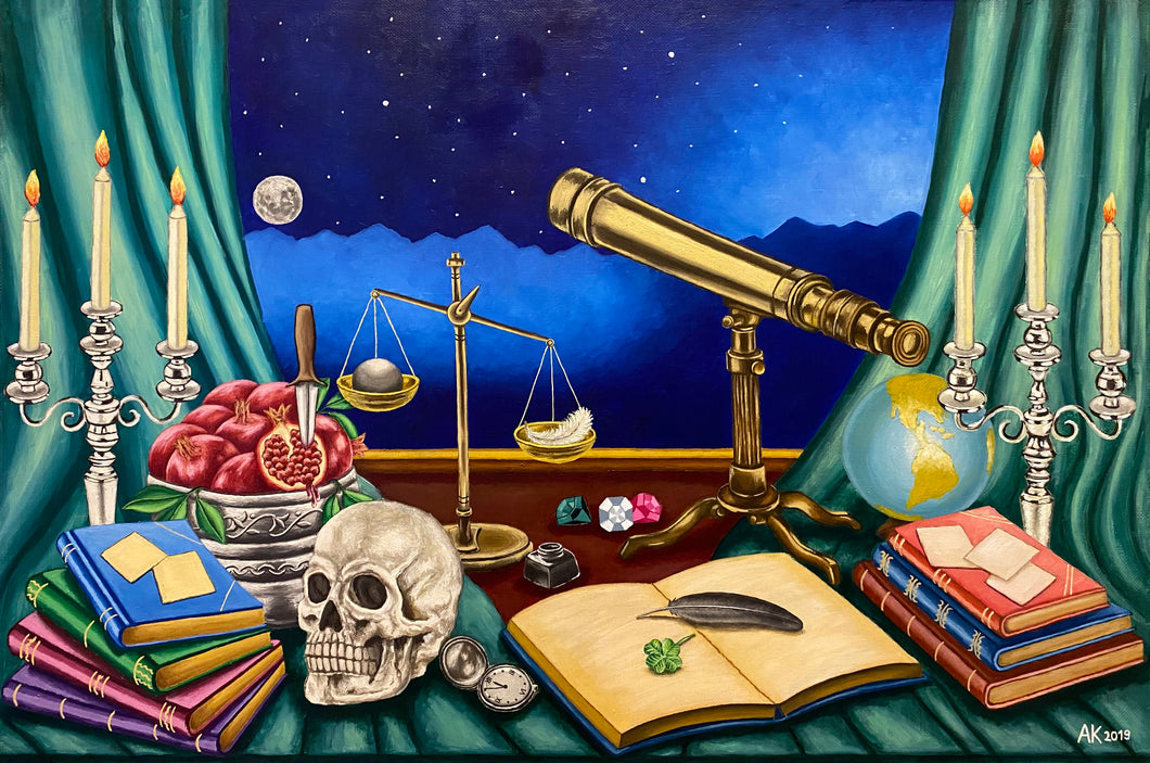 An oil painting brimming with symbolism. A telescope to the moon, books, pomegranates, candles, and more. A journey of knowledge, luck, and discovery. Delve into the profound in this masterpiece. 