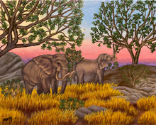 Load image into Gallery viewer,  Kenyan landscape at twilight. Graceful elephants roam amidst trees and grass, painted against a serene pink sunset. A vivid portrayal of wild nature, an invitation to travel and embrace the untamed beauty of Africa. 
