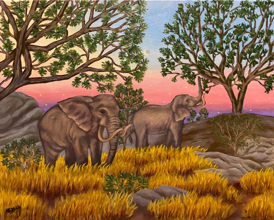  Kenyan landscape at twilight. Graceful elephants roam amidst trees and grass, painted against a serene pink sunset. A vivid portrayal of wild nature, an invitation to travel and embrace the untamed beauty of Africa. 