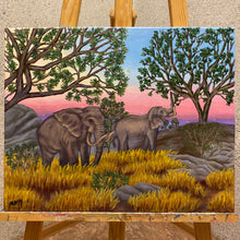 Load image into Gallery viewer,  Kenyan landscape at twilight. Graceful elephants roam amidst trees and grass, painted against a serene pink sunset. A vivid portrayal of wild nature, an invitation to travel and embrace the untamed beauty of Africa. 
