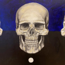 Load image into Gallery viewer, A contemporary oil painting takes you on a cosmic journey from atoms to galaxies. Symbolism abounds - a star&#39;s birth, a human skull signifying civilisation, a white dot for the soul. Earth blooms with life amid the universe&#39;s dark expanse. A masterpiece of interconnected stories. 
