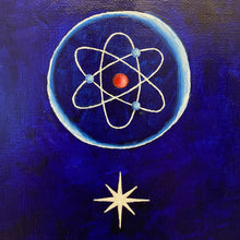 Load image into Gallery viewer, A contemporary oil painting takes you on a cosmic journey from atoms to galaxies. Symbolism abounds - a star&#39;s birth, a human skull signifying civilisation, a white dot for the soul. Earth blooms with life amid the universe&#39;s dark expanse. A masterpiece of interconnected stories. 
