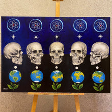 Load image into Gallery viewer, A contemporary oil painting takes you on a cosmic journey from atoms to galaxies. Symbolism abounds - a star&#39;s birth, a human skull signifying civilisation, a white dot for the soul. Earth blooms with life amid the universe&#39;s dark expanse. A masterpiece of interconnected stories. 
