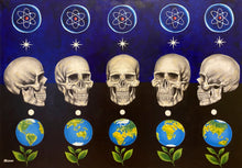 Load image into Gallery viewer, A contemporary oil painting takes you on a cosmic journey from atoms to galaxies. Symbolism abounds - a star&#39;s birth, a human skull signifying civilisation, a white dot for the soul. Earth blooms with life amid the universe&#39;s dark expanse. A masterpiece of interconnected stories. 
