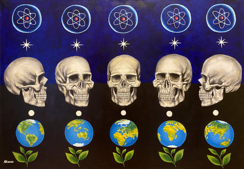 A contemporary oil painting takes you on a cosmic journey from atoms to galaxies. Symbolism abounds - a star's birth, a human skull signifying civilisation, a white dot for the soul. Earth blooms with life amid the universe's dark expanse. A masterpiece of interconnected stories. 