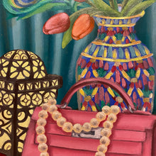 Load image into Gallery viewer, A luxurious Hermes bag, vibrant parrot, and luscious fruits intertwine in this opulent oil painting. Pearls, flowers, and vivid colours evoke femininity and sophistication, creating a symphony of luxury and nature. Elevate your space with this exquisite artwork.
