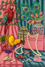 Load image into Gallery viewer, A luxurious Hermes bag, vibrant parrot, and luscious fruits intertwine in this opulent oil painting. Pearls, flowers, and vivid colours evoke femininity and sophistication, creating a symphony of luxury and nature. Elevate your space with this exquisite artwork.
