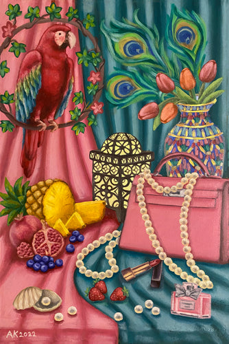 A luxurious Hermes bag, vibrant parrot, and luscious fruits intertwine in this opulent oil painting. Pearls, flowers, and vivid colours evoke femininity and sophistication, creating a symphony of luxury and nature. Elevate your space with this exquisite artwork.