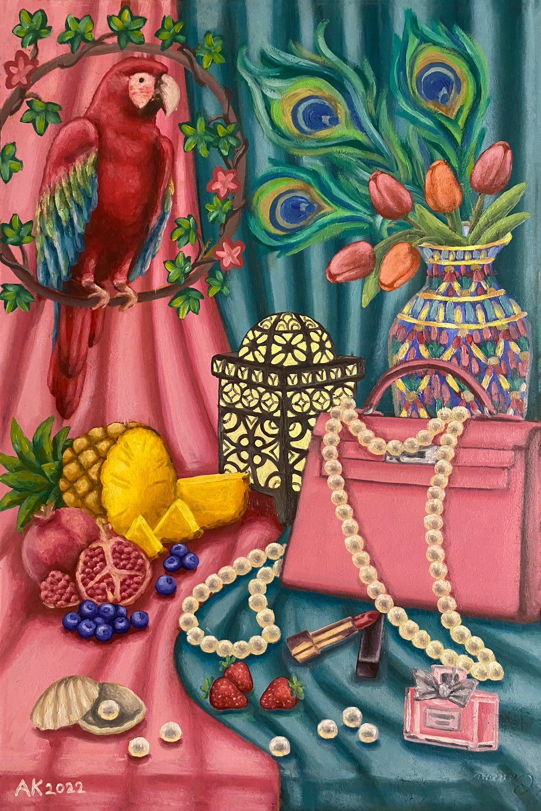 A luxurious Hermes bag, vibrant parrot, and luscious fruits intertwine in this opulent oil painting. Pearls, flowers, and vivid colours evoke femininity and sophistication, creating a symphony of luxury and nature. Elevate your space with this exquisite artwork.