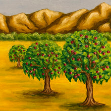 Load image into Gallery viewer, Painting depicts a farm oasis. Pomegranate trees bow under fruit&#39;s weight, a red Mercedes SL300 adds elegance, while horses graze and bags fill with bounty. Mountains frame the scene, a colourful testament to nature&#39;s abundance and vintage allure. 
