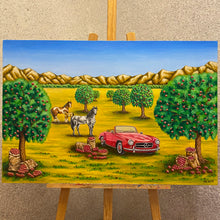 Load image into Gallery viewer, Painting depicts a farm oasis. Pomegranate trees bow under fruit&#39;s weight, a red Mercedes SL300 adds elegance, while horses graze and bags fill with bounty. Mountains frame the scene, a colourful testament to nature&#39;s abundance and vintage allure. 
