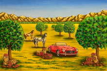 Load image into Gallery viewer, Painting depicts a farm oasis. Pomegranate trees bow under fruit&#39;s weight, a red Mercedes SL300 adds elegance, while horses graze and bags fill with bounty. Mountains frame the scene, a colourful testament to nature&#39;s abundance and vintage allure. 
