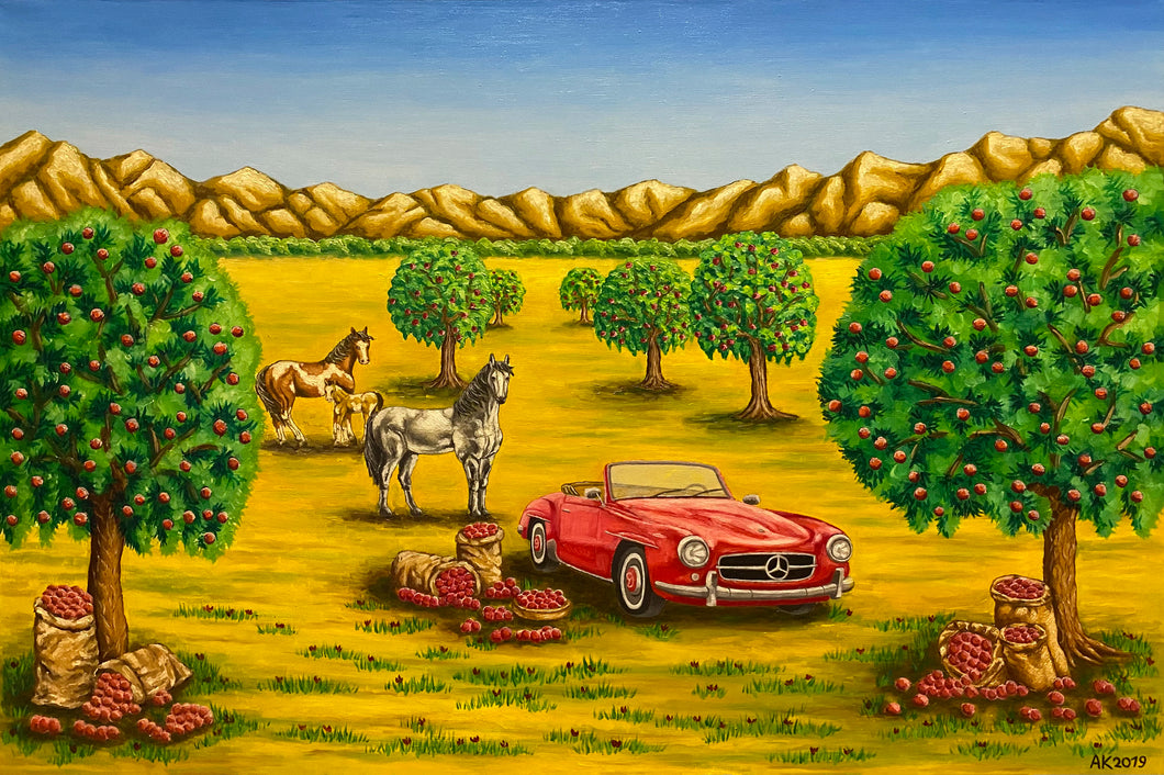 Painting depicts a farm oasis. Pomegranate trees bow under fruit's weight, a red Mercedes SL300 adds elegance, while horses graze and bags fill with bounty. Mountains frame the scene, a colourful testament to nature's abundance and vintage allure. 