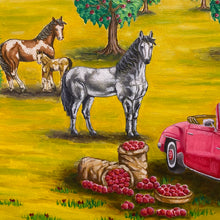 Load image into Gallery viewer, Painting depicts a farm oasis. Pomegranate trees bow under fruit&#39;s weight, a red Mercedes SL300 adds elegance, while horses graze and bags fill with bounty. Mountains frame the scene, a colourful testament to nature&#39;s abundance and vintage allure. 
