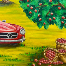 Load image into Gallery viewer, Painting depicts a farm oasis. Pomegranate trees bow under fruit&#39;s weight, a red Mercedes SL300 adds elegance, while horses graze and bags fill with bounty. Mountains frame the scene, a colourful testament to nature&#39;s abundance and vintage allure. 
