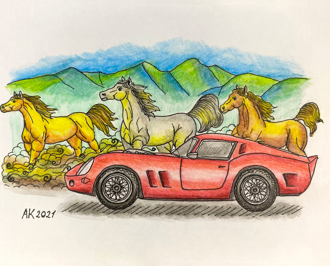 Landscape painting of horses herd and a classic red Ferrari 250 GTO. Artist - Anastasia Kurganova