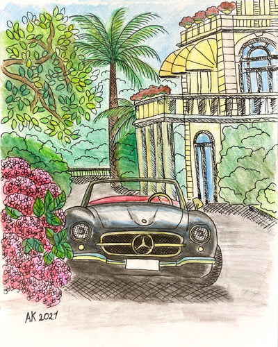 Painting of a classic Mercedes SL next to the hotel on lake Como, Italy. Artist - Anastasia Kurganova