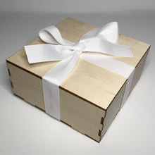 Load image into Gallery viewer, Wooden box with white ribbon for handmade exclusive xmas decor. By Anastasia Kurganova
